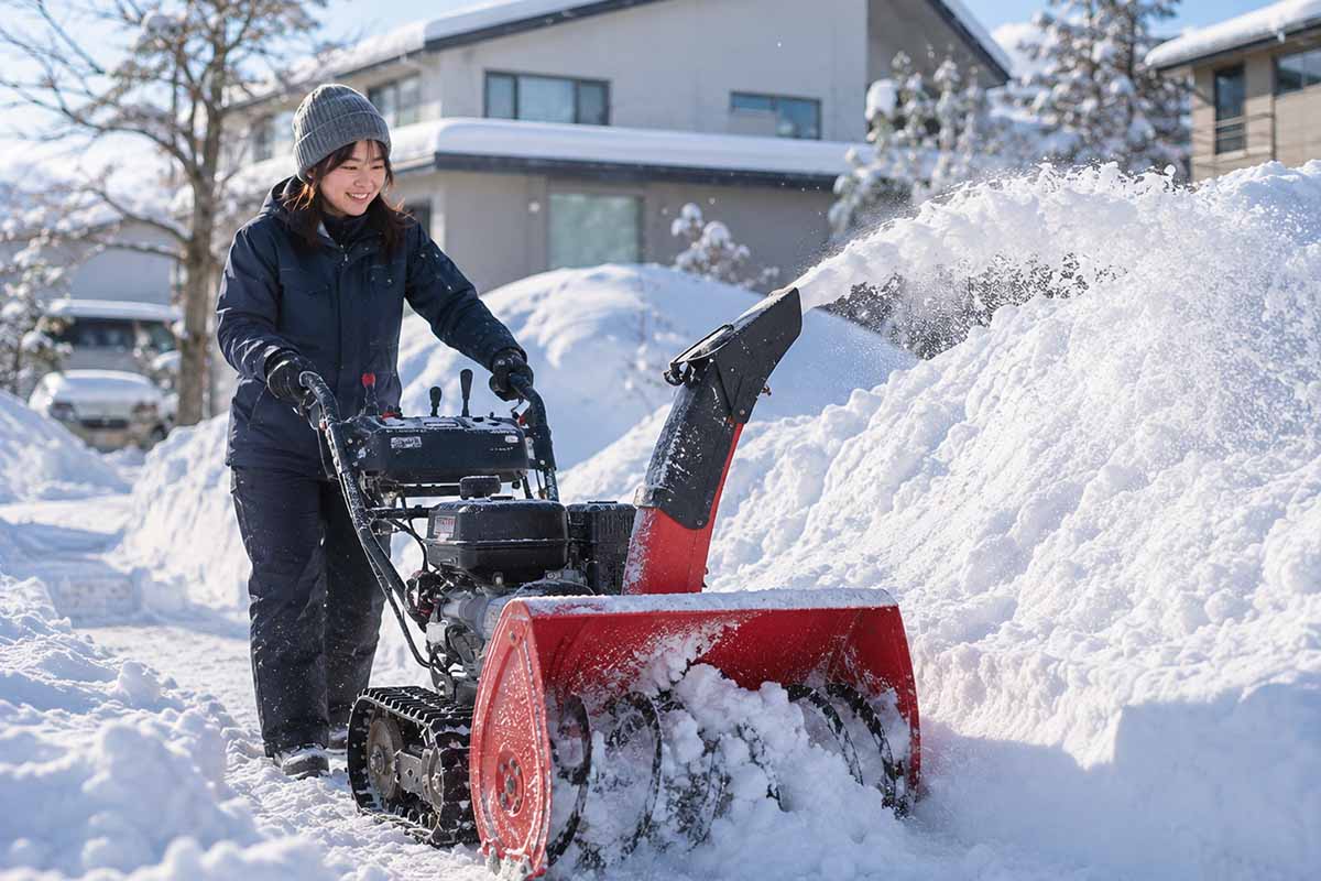 除雪機をレンタルして除雪する様子