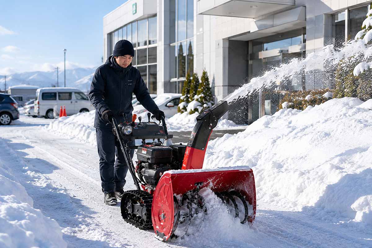 店舗や事業所の駐車場を除雪している様子