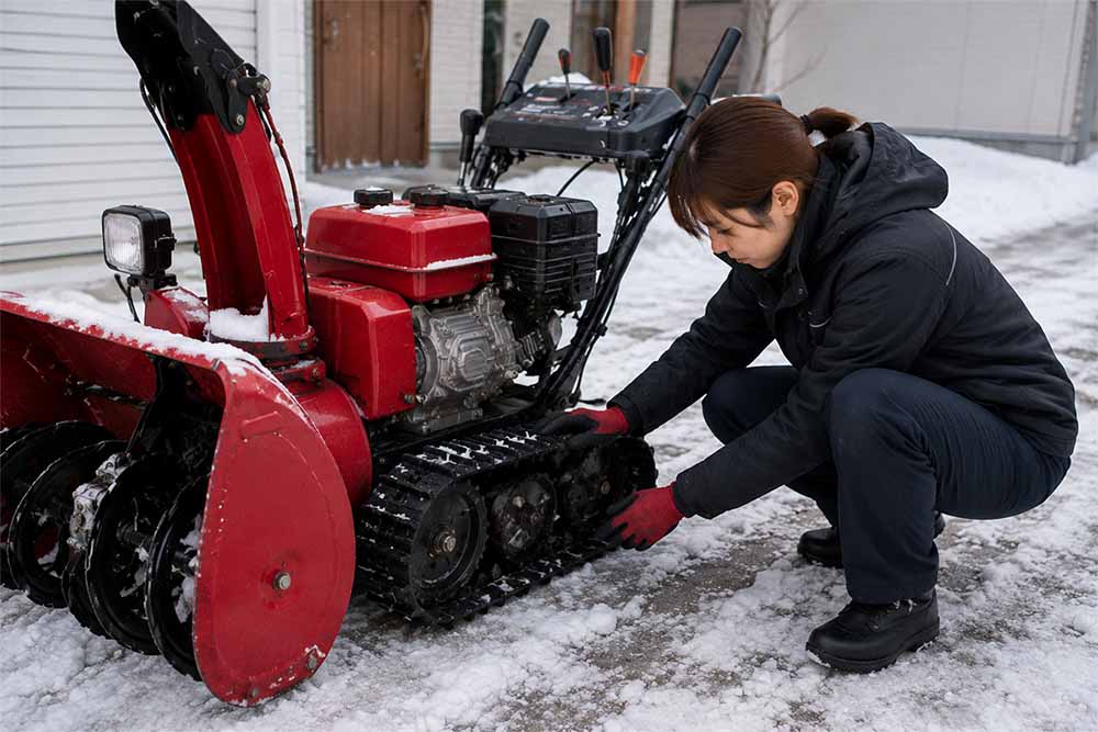 走行部分を点検している除雪機