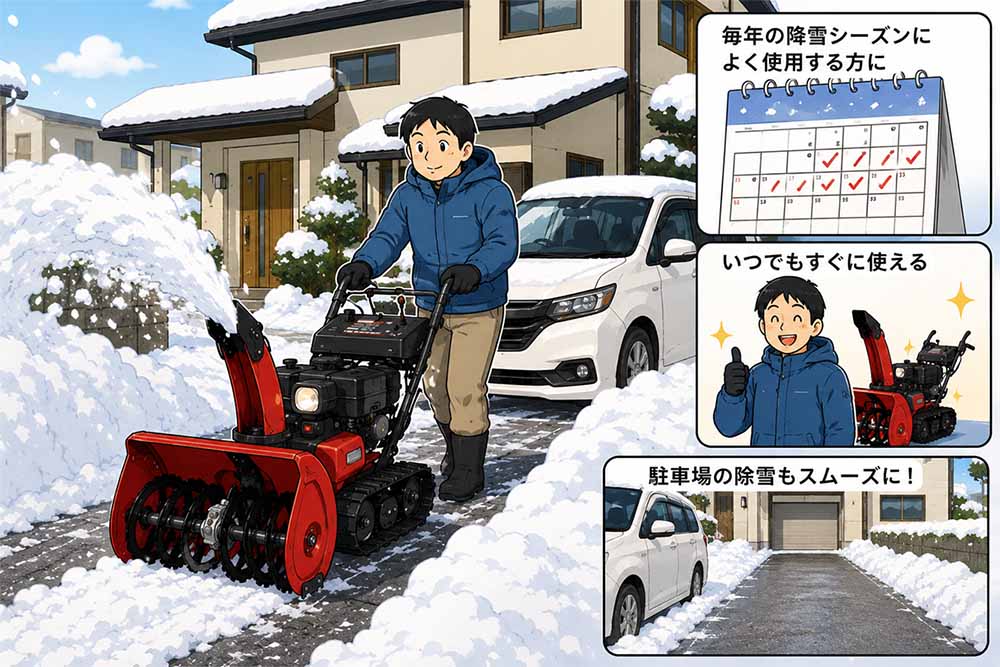 住宅の駐車場を除雪する除雪機