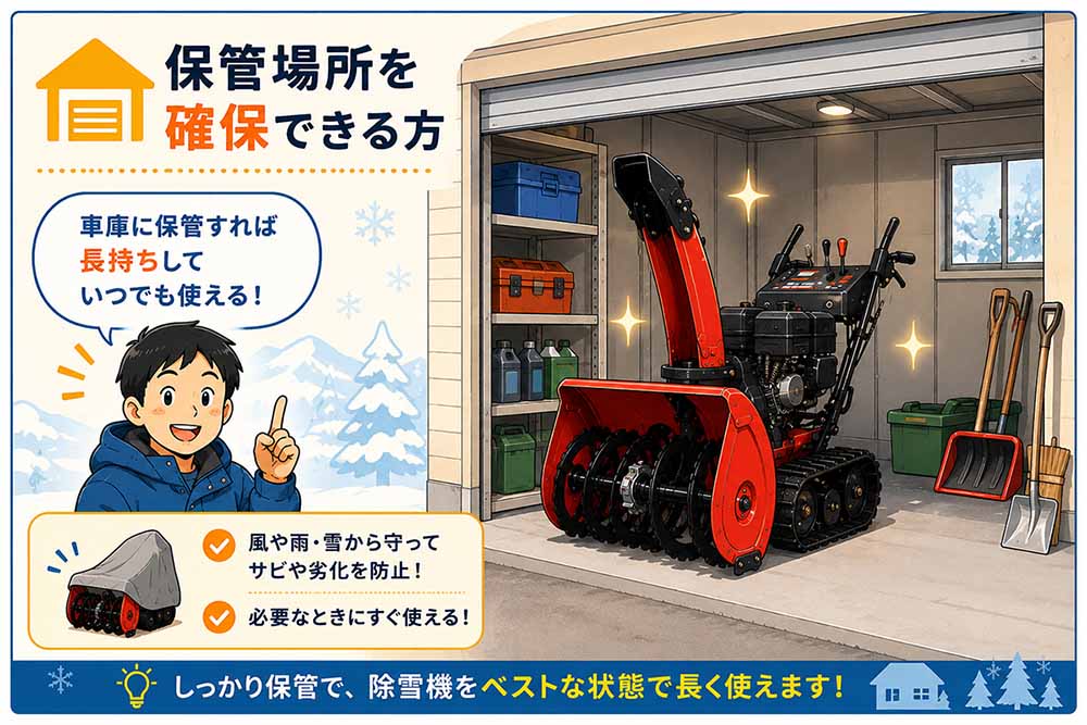 車庫に保管されている除雪機