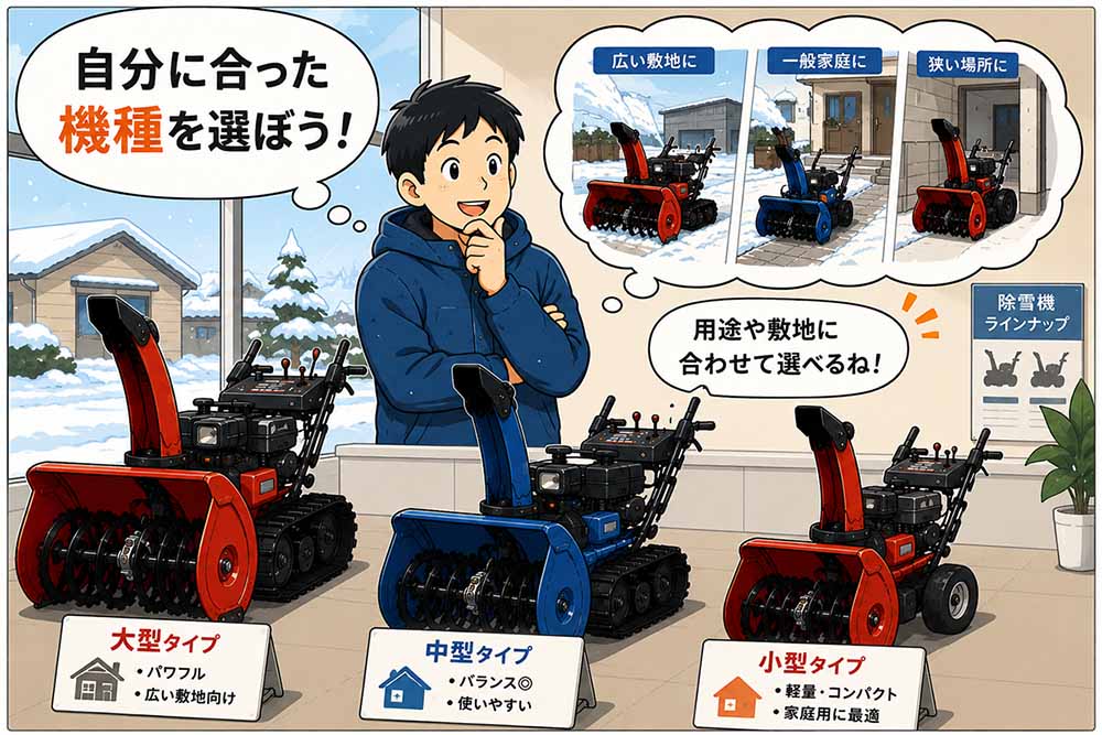 複数の除雪機から機種を選ぶ様子